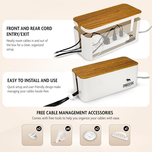 DMoose Cable Management Box - 2 Pack Medium & Large Cord Organizer for Desk & Floor, Cable Organizer Box for Child & Pet - Cable Box Hider for Tidy Office & Home (Wood Print Lid, White Box, Pack of 2) - color: Pack of 2 - Wooden Print