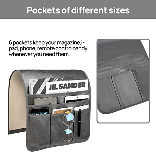 Teniux Remote Control Holder Faux Leather Armrest Organizer with 6 Pockets for recliner couch sofa, Armchair Caddy for Smart Phone, Book, Magazines, Ipad, Remotes (Dark Grey) - color: Dark Grey