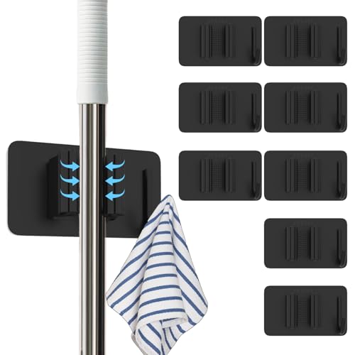 8 Pack Stainless Steel Mop Clips – Heavy Duty Wall Mounted Broom Holders, Rustproof & Tool-Free Install with Back Adhesive or Glue for Home and Garage - color: BLACK-8PCS