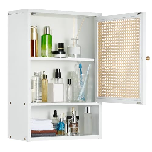 Takywep Bathroom Wall Cabinet, White Bamboo with Rattan Doors Adjustable Shelf Wall Mounted, Over Toilet Storage Organizer, Wooden Medicine Cabinet for Bathroom, Kitchen, Laundry, Living Room - color: White