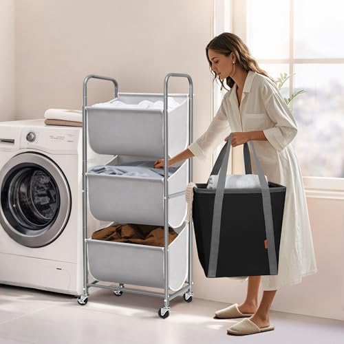 STORAGE MANIAC 120 Liters Vertical Rolling Laundry Hamper, 3 Section Laundry Sorter with Wheels and 2 Breaks, 3-tier Laundry Baskets for Small Space, Dorm, Laundry Room, Closet, Bathroom, Gray 3-tier - color: Gray, size: 3 Tier