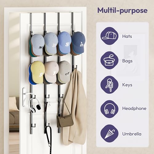 SWTYMIKI Over Door Hat Rack - 4 Packs Metal Hanging Hat Organizer with 16 Hooks Design, Baseball Cap Hanger Organizer Storage Holds up to 80 Caps for Door, Bedroom, Closet - color: black, size: 4 Pack