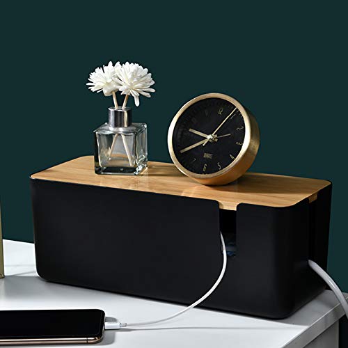 Changsuo Cable Management Box with Bamboo Lid Small Cable Organizer Box for Extension Cord Power Stripe Surge Protector Wire Management Concealer Organizer Cover Hider (Black) - color: Black