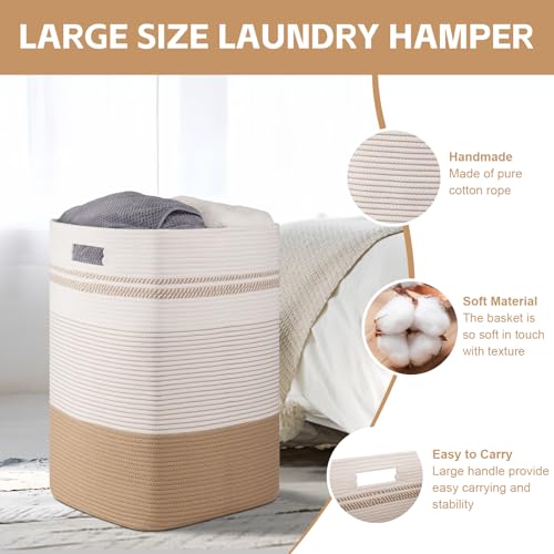 96L Extra Large Cotton Rope Laundry Basket for Bedroom & Laundry Room, Tall Clothes Hamper with Sturdy Handles, Neutral Storage Bin Capable of Holding Blankets and Toys - color: Jute & White, size: 96L