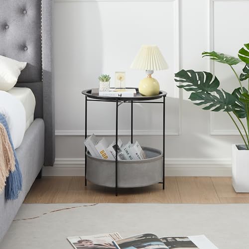 VECELO Round Side/End Table with Fabric Storage Basket，Metal Anti-Rust and Waterproof Small Bedside Nightstand with Removable Tray Top for Living Room，Balcony & Laundry，Black /2pcs with Basket - color: Black, size: 2 PCS with Basket