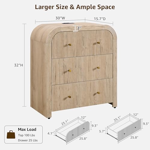 T4TREAM Fluted Dresser with 3 Drawers, 32" Tall Modern Chest of Drawers with Thickened Curved Profile Design, Wood Closet Clothes Storage Organizer for Bedroom, Living Room, Hallway, Natural Oak - color: Natural Oak, size: 15.7"D x 30"W x 32"H (3 Drawers)