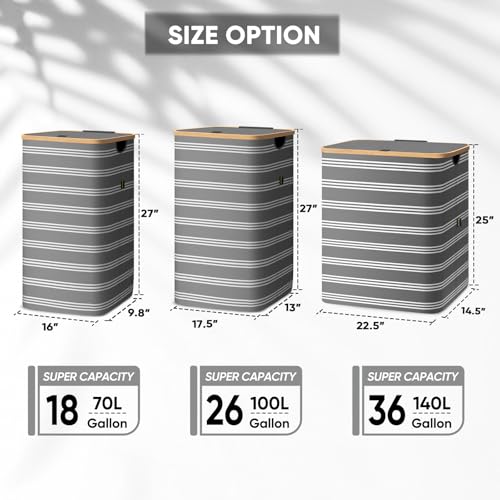 BALEINE Laundry Hamper with Lid, Tall Laundry Baskets with Bamboo Pull Handles, Large Laundry Bin with Internal Support (18 Gal/70L, Grey Pinstripe) - color: Grey Pinstripe, size: 70 liters