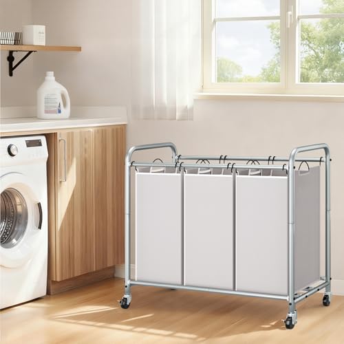 STORAGE MANIAC 3 Section Laundry Sorter, 35.6 Gal (135 L) Laundry Hamper Cart with Heavy Duty Rolling Lockable Wheels and Removable Bags, Clothes Organizer Basket Clothes Separator Hamper, Gray - color: Gray, size: 3 Section