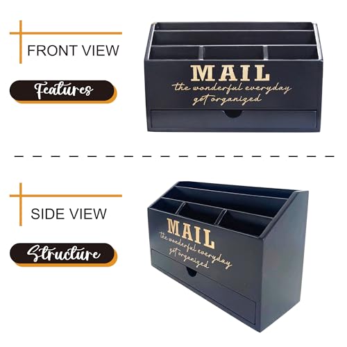 EXQUIDECA Wooden Black Rustic Countertop Mail Storage Holder with Drawer and Compartments - Office Desk Accessories and Workspace Organizers - Desktop Sorter for Pen Stationery Letter Files Documents - color: Black storage box