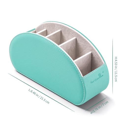 BONNY DODO Remote Control Holders Organizer Box with 5 Compartment PU Leather Multi-functional Office Desk Storage Caddy Store Tv Remote for Media Player,Brush,Pencil,Glassees&Office Supplies (Cyan) - color: Cyan, size: S