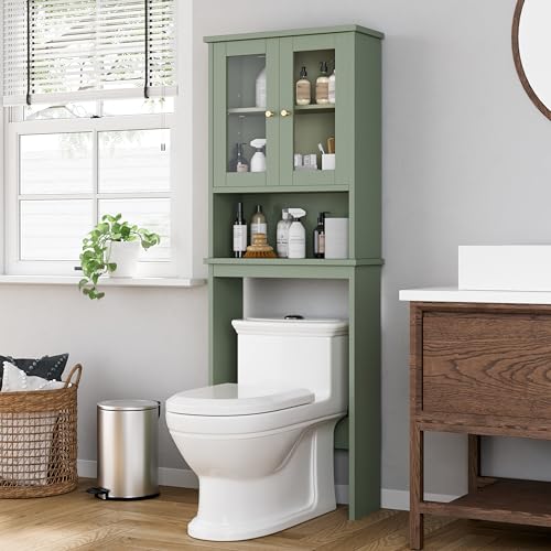Shintenchi Over the Toilet Storage Cabinet, Bathroom Shelf Organizer with Anti-Tip Device Small Freestanding Space Saver with Adjustable Shelf and Glass Door, Green - color: Green, size: Glass Door