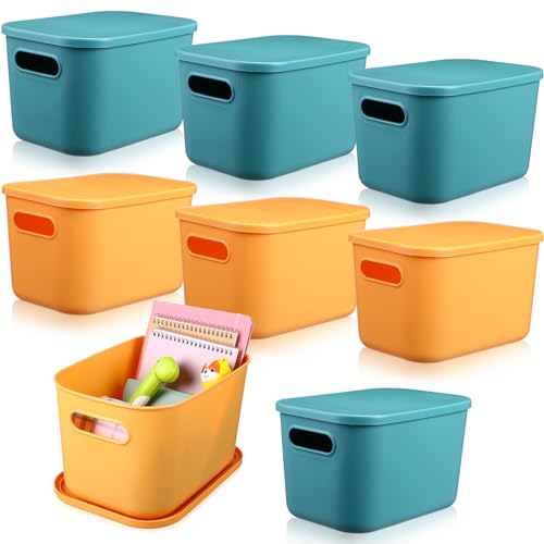 Hoolerry 8 Pieces Colorful Storage Bins with Lid, Plastic Storage Basket Organizing Container Stackable Box with Handle for Shelves Desktop Playroom Office(10.2 x 7 x 6.3 Inch,Green and Yellow) - color: Green and Yellow, size: 10.2 x 7 x 6.3 Inch