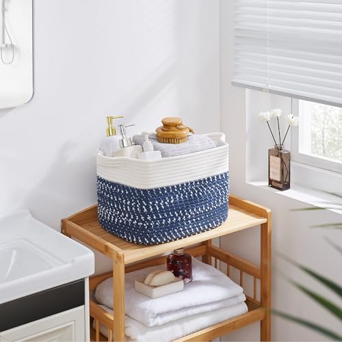 OIAHOMY Storage Basket, Woven Baskets for Storage, Cotton Rope Basket for toys,Towel Baskets for Bathroom - Pack of 3,White Blue - color: White Blue, size: 3 pcs-13”x9.9”x8.7”