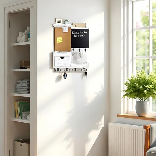 Key Holder Wall Mount， Mail Organizer Key Holder for Wall with Shelf, Drawer, Chalkboard, Corkboard, Home Decor Wall Mounted for Room Entryway(Whitewashed) - color: Washing white, size: Vertical