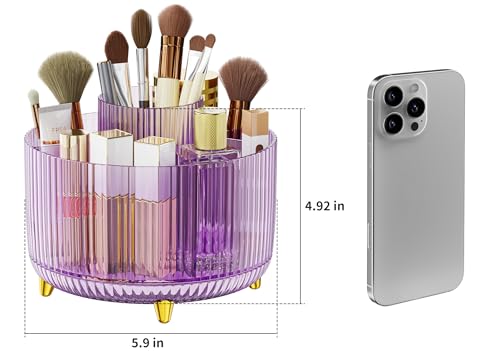 Clear Rotating Makeup Organizer Countertop for Vanity, 360° Makeup Brush Holder Organizer with 5 Compartments, Transparent Cosmetic Storage for Lipstick, Skincare, Bathroom Counter(Transparent Purple) - color: Transparent Purple