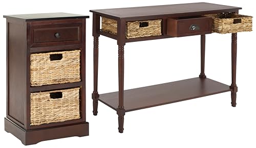 SAFAVIEH Home Collection Carrie Dark Cherry / Natural Wicker 3-Drawer Storage Nightstand Side Table (Fully Assembled) - color: Dark Cherry