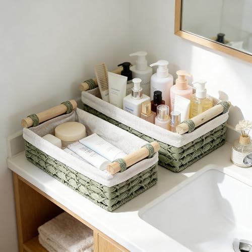Set of 2 Green Bathroom Basket Organizers with Liner, Paper Rope Wicker Storage Baskets for Shelves, Bathroom Counter & Vanity, Wooden Handles for Towels & Toiletries - color: Green