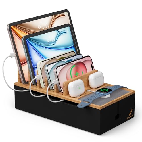 Pezin & Hulin Cord Organizer Box, Surge Protector Organizer, Device Charger Station for Phones & Tablets, Wood Charging Dock -with 6 Wire Cables, BUT NO Power Supply - Natural + Black - color: Natural + Black (No Charger)
