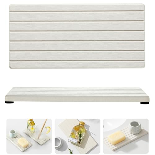 Razborci 2 Pack Greige Bathroom Sink Vanity Trays, Diatomite Stone Kitchen Counter Caddy Dish Soap Dispenser Sponge Holder, Water Absorbing Mat Organizer for Plant,Cosmetic Bottle, Beige, 8"x3.8" - color: 2pcs - 8"x 3.8" - Beige