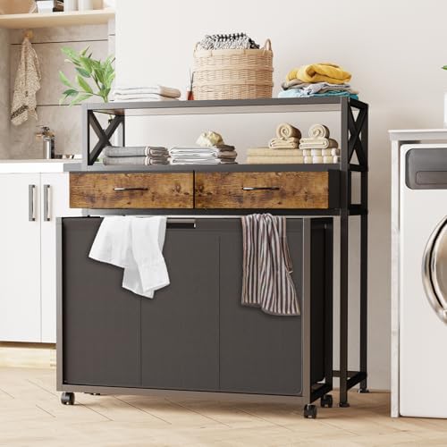 Laundry Hamper 3 Section, 150L Rolling Laundry Sorter Basket with 2 Shelves and 2 Drawers, 3 Compartment Clothes Organizer Cart with Wheels, Pull-Out Bags for Laundry Room, Bathroom, Bedroom - color: Brown, size: 150L