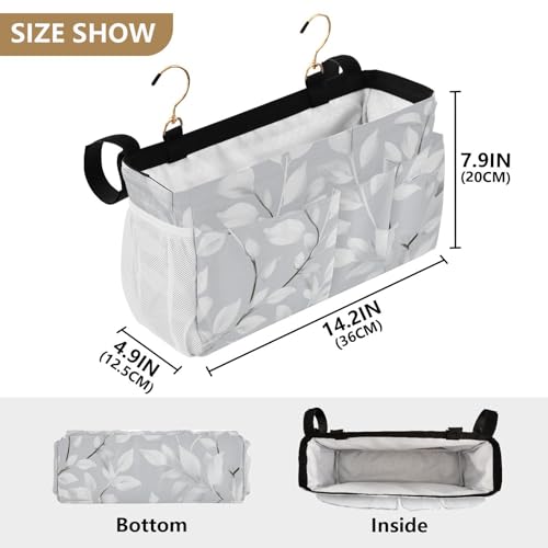 Bedside Caddy Metal Frame Hanging Organizer Bunk Bed Dorm Accessories Hook And Loop Storage Bag Large Pockets Light Grey Leaves - color: Light Grey Leaves