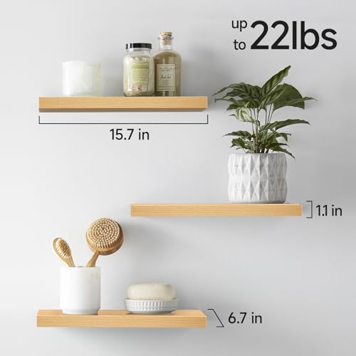 BAYKA Floating Shelves for Wall, Wall Mounted Rustic Wood Shelves for Bathroom, Bedroom, Living Room, Kitchen,Small Hanging Shelf for Books/Storage/Room Decor (Light Oak-Toned, Set of 3, 15.7in) - color: G. Oak-toned - Mid-century Revival Style, size: 15.