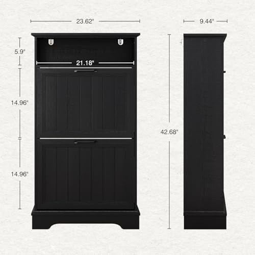 Shoe Storage Cabinet with 2 Flip Drawers, 24" W Farmhouse Modern Hidden Shoes Rack Cabinet with Adjustable Shelves & Open Storage, Narrow Slim Shoe Organizer for Front Door Entrance, Entryway, Black - color: Black, size: 2-Drawers