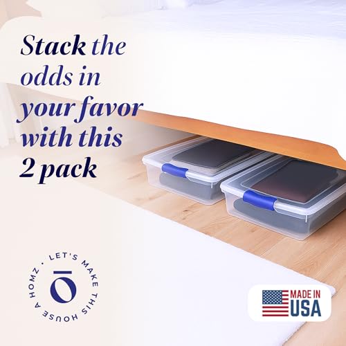 HOMZ 2-Pack Under Bed Storage, Clear Plastic Containers with Lids, 60 Quart, Blue Latch - Stackable Underbed Organizer Bins for Shoes, Bags, Clothes, and Towels - color: Blue, size: 60 Quart