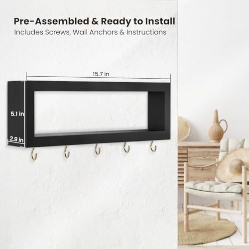 Lwenki Wall Shelf with Hooks - Decorative Key and Wallet Holder for Wall Holds Sunglasses, Leashes, Scarves and Lanyards - 15.7" x 5.1" x 2.9" Entryway Organizer Made of Paulownia Wood (Black) - color: Black