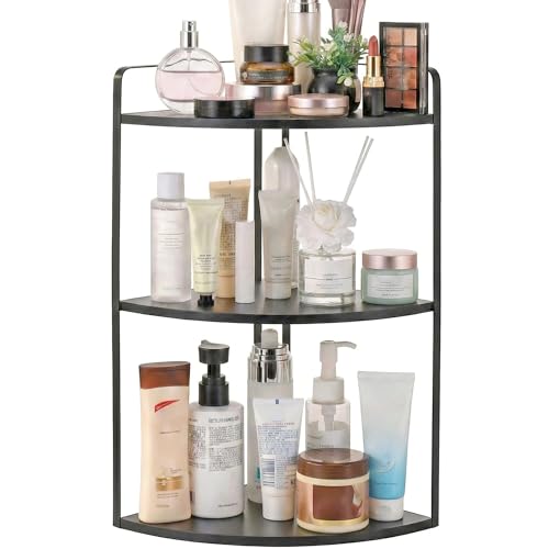 3 Tier Corner Bathroom Counter Organizer, Countertop Organizer, Makeup Organizer Countertop, Bathroom Storage Sink Shelf, Wooden and Metal Counter Shelf (Large Capacity-Black) - color: Black