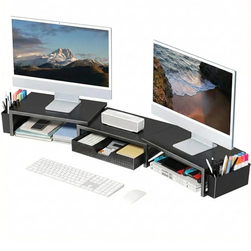 OPNICE Desk Organizers and Accessories, Dual Monitor Stand Riser with Drawer and 2 Pen Holders, Desk Shelf Metal Computer Racks for Office Workspace Organizers, Desktop Organization (Black Metal) - color: Black Metal, size: With drawer and pen holder