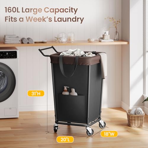 160L Laundry Hamper with Wheels and Handle, 2-Section Rolling Hamper for Laundry, Large Laundry Basket with Wheels, Rolling Laundry Basket Clothes Hamper for Home, Bathroom and Dorm(Black) - color: Black-2 Section with Handle, size: 160L