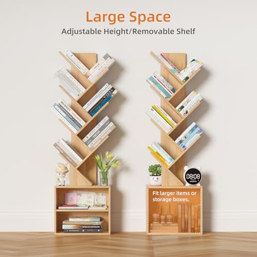SHEEPAM 10 Tier Tree Bookshelf,Christmas Green Bookcase for Narrow Space, Storage Organizer Floor Standing Bookshelves for Books, Tall Book Case for Home Office, Living Room, Bedroom - color: Natural, size: 10 Tier