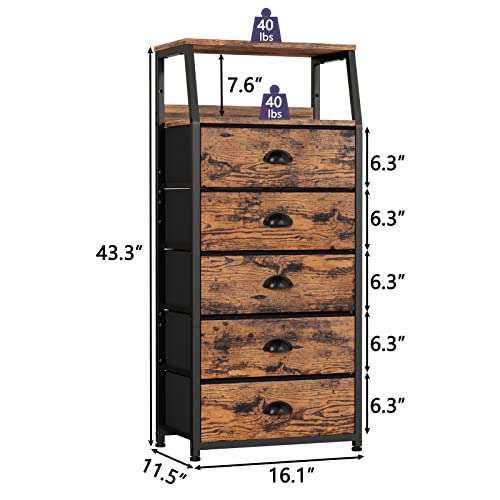 Furnulem Tall 5 Drawers Dresser, Vertical Storage Tower Fabric Dresser for Bedroom, Hallway, Entryway, Nursery, Closet Organizer, Nightstand Bedside Table Furniture, Sturdy Steel Frame, Wood Top - color: Rustic Brown, style: 5 Drawers