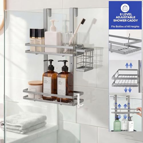 Over the Door Shower Caddy Hanging, Rustproof Shower Shelves with Waterproof Phone Pouch, 2-Tier Adjustable Bathroom Organizers and Storage, No Drilling Shampoo Soap Shelf (Silver 2-Tier) - size: Silver 2-Tier
