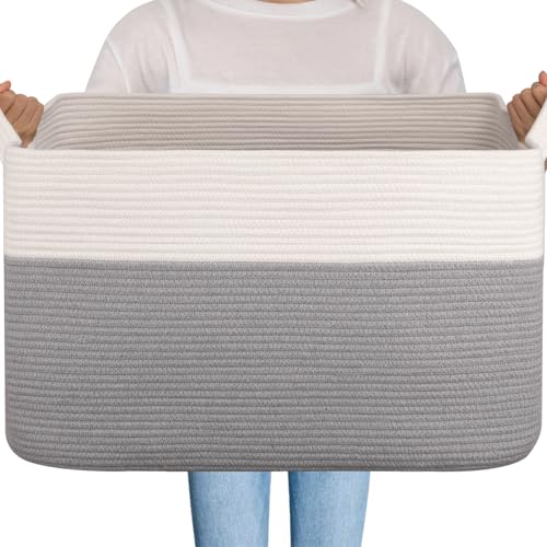 OIAHOMY Extra Large Blanket Basket, 95L Cotton Rope Woven Laundry Basket, Toy Bin for Baby Room, Container for Blanket Storage in Living Room, 24''×17''×14'', Grey & White - color: Grey & White, size: 95L