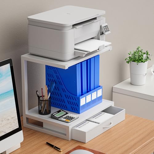 YAOHUOO 2-Tier Desktop Printer Stand with Fabric Drawer, Prtiner Table with Storage Shelf, Desk Organizer for Home Office,3D Printer,Fax Machine,Scanner, 17.3"x11.8" White - color: White, size: Middle