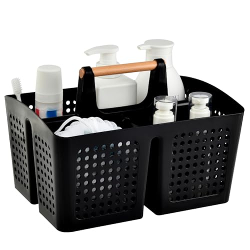 Portable Shower Caddy Basket with Compartments, Plastic Divided Cleaning Caddy Organizer Storage Tote with Handle for Bathroom, College, Dorm Room Essentials, Black - color: Black