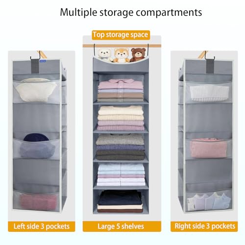 5-Shelf Hanging Closet Organizer and Storage with 6 Side Pockets, Collapsible Closet Hanging Shelves for Storage, Grey - size: 5-shelf