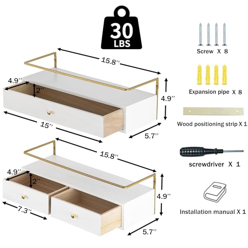 Dreampossible Floating Shelves With Drawers Set of 2 - Wall Mounted Storage for Bathroom, Living Room, Kitchen - Rustic Wood Wall Decor for Plants, Books - color: White, size: 15.8 Inch Long