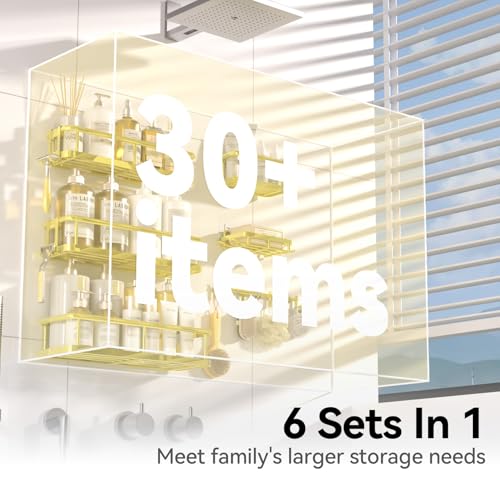 YASONIC Shower Caddy, 6 Pack Large Capacity Bath Organizer with Soap Holder and 12 Hooks, Rustproof Shower Shelves for Inside Shower, No Drilling&Sleek Bathroom Organizers and Storage Gold - color: Gold, size: XL