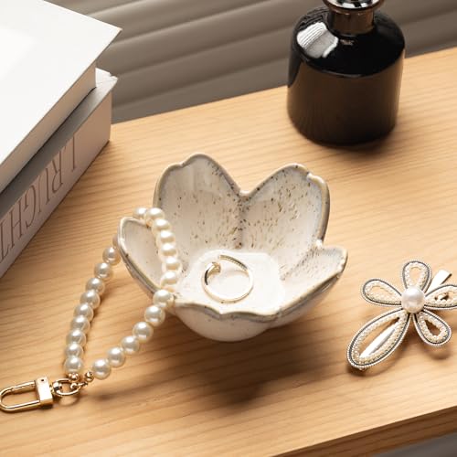 Decorative Flower Ring Dish - Small Ceramic Tray for Trinkets & Keys, Vintage Floral Sculpture Home Decor Accent for Bedside, Bathroom, Office (grey) - color: grey