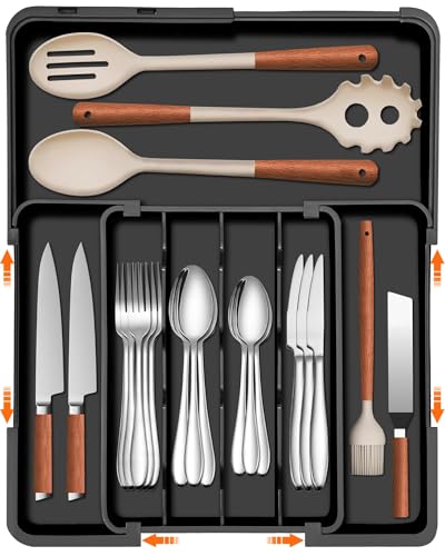 Spaclear Silverware Organizer - Expandable Kitchen Drawer Organizer, Utensil Drawer Organizer, Adjustable Plastic Flatware and Cutlery Holder, Kitchen Organizers Storage for Forks Knives, Black - color: Black, size: M(9.5-15.2"w x 12.6-19"d)