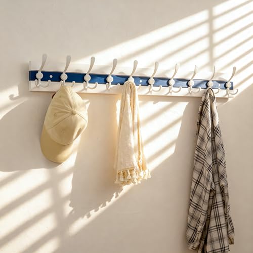 SKOLOO Coastal Wall Mounted Coat Rack - 38-1/8" Beach House Entryway Wooden Coat Hook with 10 Hooks for Hanging Coats, Hats or Towels, Oceanfront Cottage Core Collection, White & Blue - color: Blue & White Plates & White Hook, size: 1 Item-10 Hooks