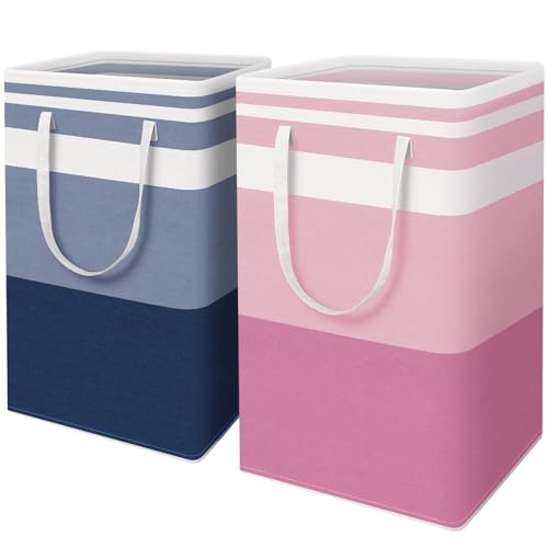 HomeHacks 2 Pack Large Laundry Baskets, Waterproof, Freestanding Laundry Hampers, Collapsible Clothes Hamper with Reinforced Handles in Laundry, College Dorm, Bathroom, Bedroom (Blue+Pink, 88Lx2) - color: Blue+Pink, size: 88L
