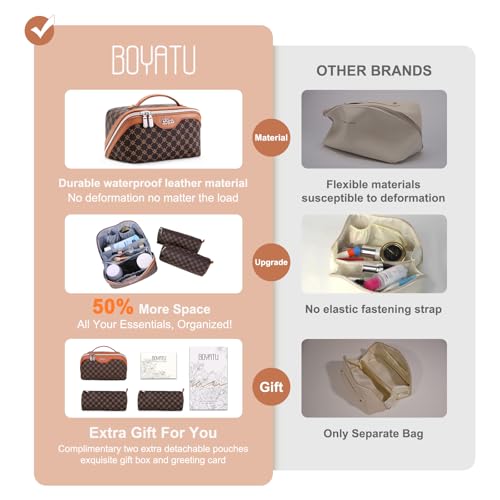 BOYATU Travel Makeup Bag Cosmetic Bags for Women: 3 Pcs Set Large Portable Make up Bag with Handle - Vegan Leather Toiletry Bags with Compartments - Makeup Organizer for Travel Essentials(A-1-Coffee) - color: A-1-Coffee