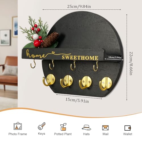 Key Holder for Wall, Key and Mail Holder Organizer - Key Holder Wall Mount with Bouquet Shelf and Key Hooks, Round Wooden Rustic Key Rack for Entryway and Home Decor (Black) - color: Black