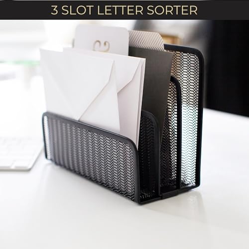BLU MONACO Black Metal Mesh Letter Sorter | 3-Slot Mail Organizer for Desk, Office & Home | Vertical File & Envelope Holder with Non-Slip Base | Space-Saving Desktop Mail Organizer - color: Black