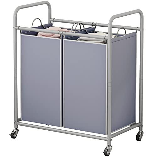 SUOERNUO Laundry Sorter Basket 2 Bag Laundry Hamper Cart with Rolling Lockable Wheels and Removable Bags Laundry Organizer Cart for Clothes Storage, Grey - color: Grey, size: 2 Bags