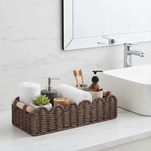 CubesLand Paper Rope Scalloped Edge Shelves Storage Basket, Woven Toilet Paper Baskets for Over Toilet Storage Shelf, Ending Table, Floating Shelves Organizing or Home Décor, with Wood Handle, Brown - color: Brown, size: M - 14"L x 6.3"W x 3.9"H